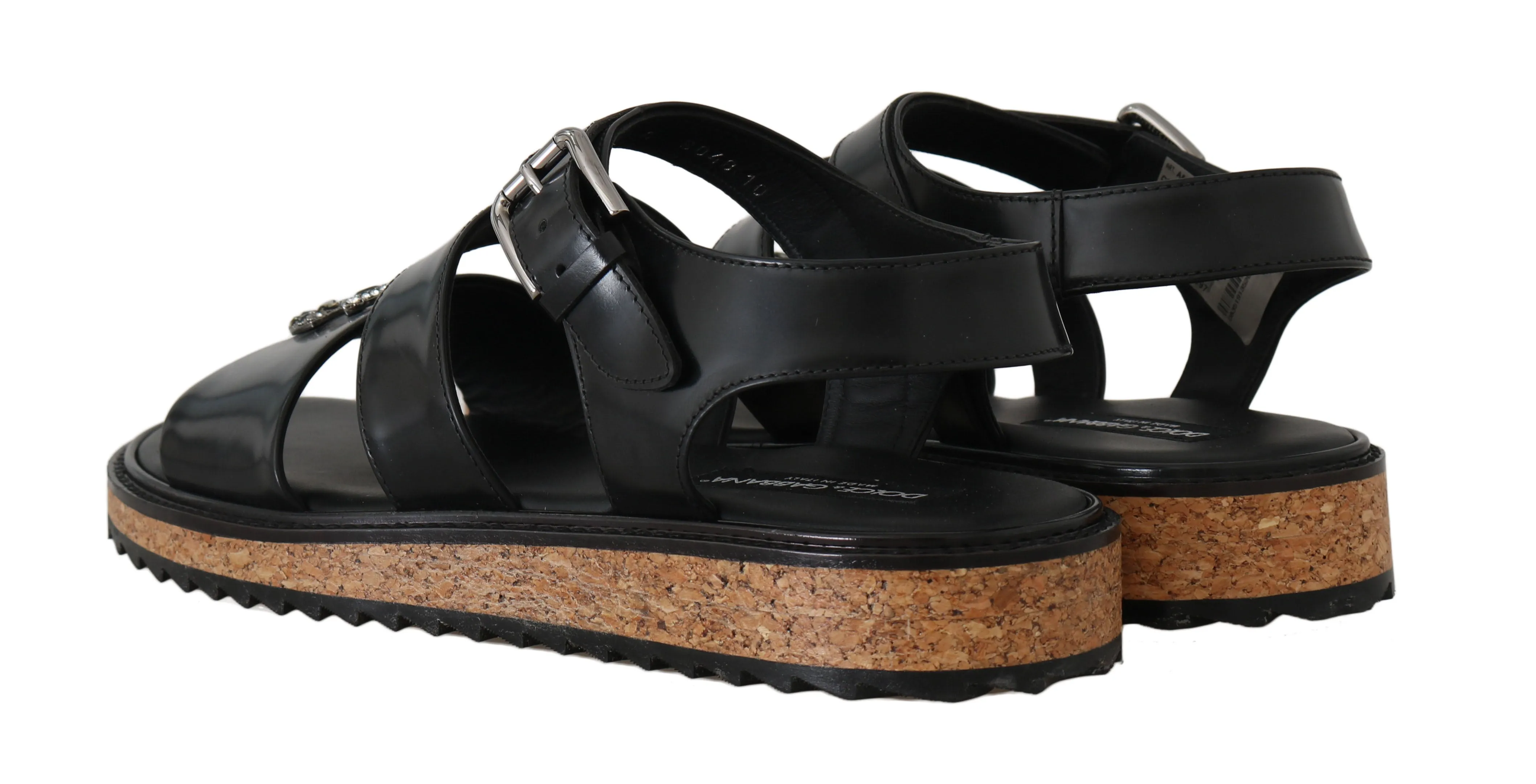 Black Leather Strap Crystal Sandals