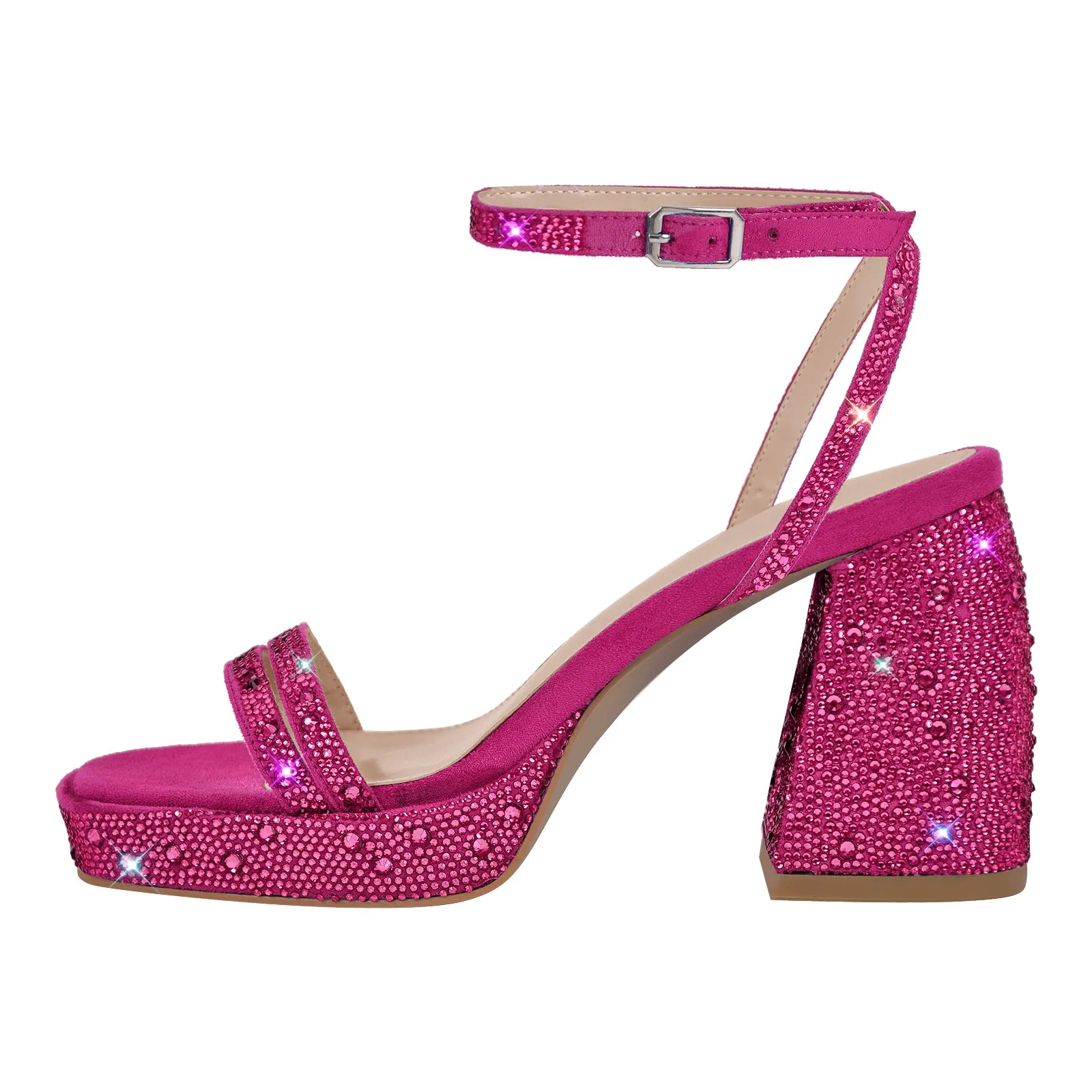 Rhinestone Square Toe Ankle Strap Chunky Heel Sandals